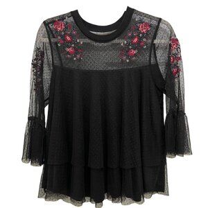 Blue Rain Black Sheer Mesh Top With‎ Floral Embroidery & Bell Sleeves Womens L